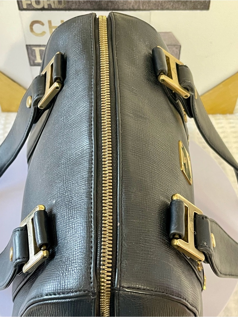 MCM Black Leather Boston Satchel with Gold Hardware EUC - Picture 7 of 11